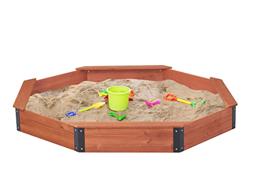 85''X78''X9'' Octagon Sandbox With Cover For Kids Outdoor Play, Wood Large Sandpit With 4 Benches, Quick Easy Install #TOP7