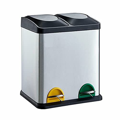 EVRE 40L Recycling Bin with Lids | Stainless Steel Kitchen Bin with 2 Compartments (20L + 20L), Dual Pedal Waste Separation Bin, Fingerprint Resistant, Rectangular, Silver