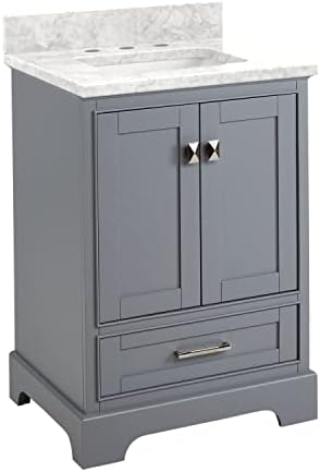Signature Hardware 480557 Quen 24" Free Standing Single Vanity Set with Wood Cabinet, Vanity Top and Rectangular Undermount Vitreous China Sink - 8" Faucet Holes - Gray/Carrara Marble