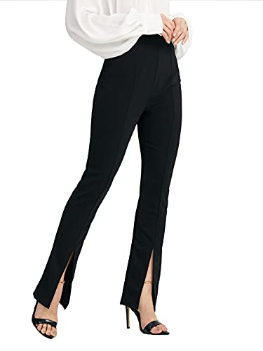 Wdirara Women's Split Front Elastic High Waist Elegant Flare Leg Long Pants Black M #TOP3