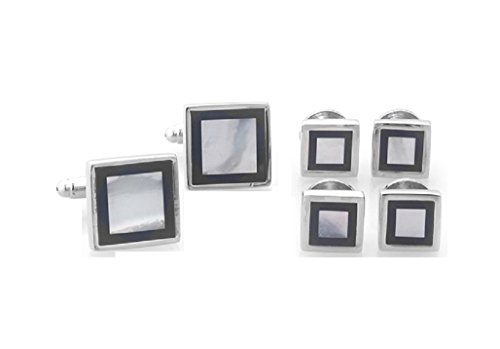 Mrcuff Mother Of Pearl Onyx Square Framed Tuxedo Cufflinks & Studs Set In A Presentation Gift Box & Polishing Cloth #TOP5