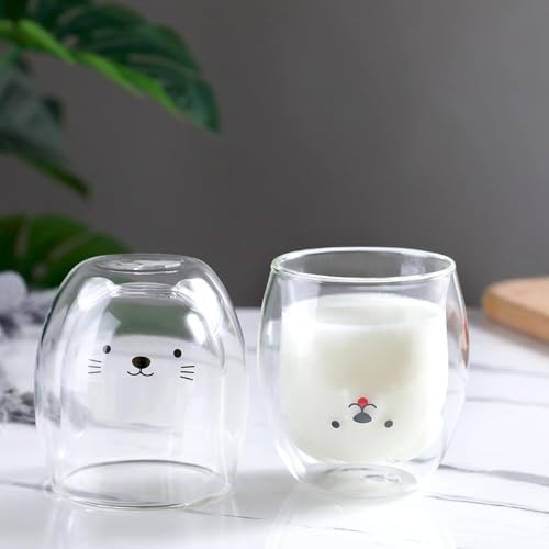 Cat Mug Cute Mugs Glass Double Wall Insulated Glasses Womens Birthday Gifts Espresso Cup, Coffee Cup, Tea Cup, Milk Cup, Best Gift for Office and Personal (Cat)