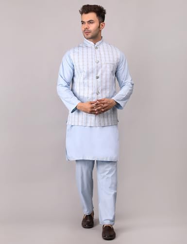 Image of Men's Cotton Silk Blend Regular Kurta Pyjama, Embroidered Nehru Jacket /Waistcoat Set