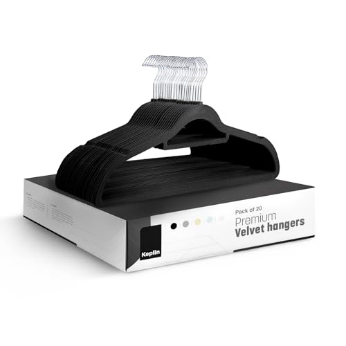 KEPLIN Velvet Hangers 20 Pack - Non-Slip Clothes Hangers with Tie Bar & 360° Hook - Durable & Sturdy, Space-Saving Wardrobe Organisers for Suits, Jackets & Clothes- Home Storage Solution (Black)