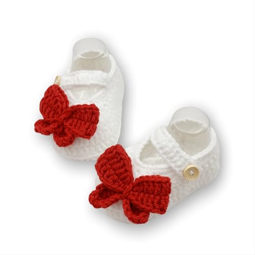 Baby Crochet Booties with Red Butterfly, White Mary Jane Style, Infant Shoes