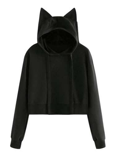 SweatyRocks Womens Cute Cat Ear Hoodies Long Sleeve Crop Sweatshirt Pullover Tops Black Large