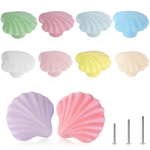 ShipeeKin 10 Pomos de Armarios para Habitación Infantil, Pomos para Muebles para Niños, Forma de Concha Marina Tiradores para Muebles Redondos de Cerámica Brillante y Coloridos
