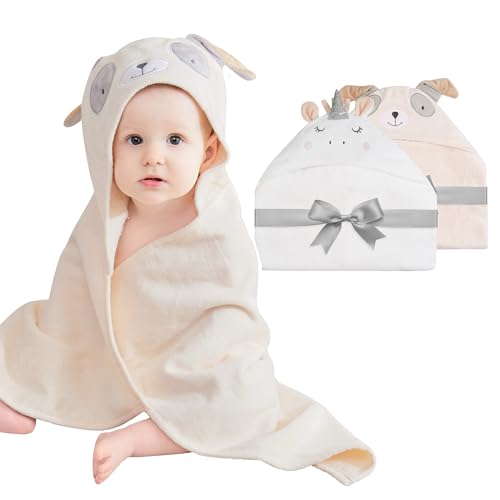 Image of Mooreeke 2 Pack Baby Hooded Towel with Unique Animal Design Cotton Bath Towel for Babies Ultra Soft Absorbent Baby Washcloths for Newborn Essentials (Puppy & Unicorn)