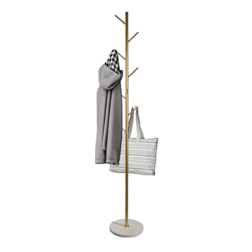 SKY-TOUCH Free Standing Hall Coat Tree with 7 Hooks Stand Tree Rack with Marble Round Base Entryway Coat Stand for Purses Clothes Scarves for Hallway Bedroom Living Room Golden-170*30*30cm