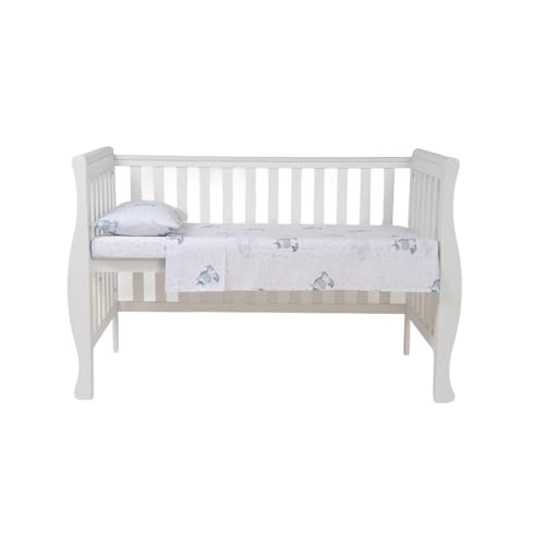 TRAMAS+ Juego Sábanas Cuna 60x120 100% algodón, Juego de sábanas para Bebe, Ropa de Cuna, Sábana Bajera, encimera y Funda de Almohada - Estampado Unicornio, Celeste