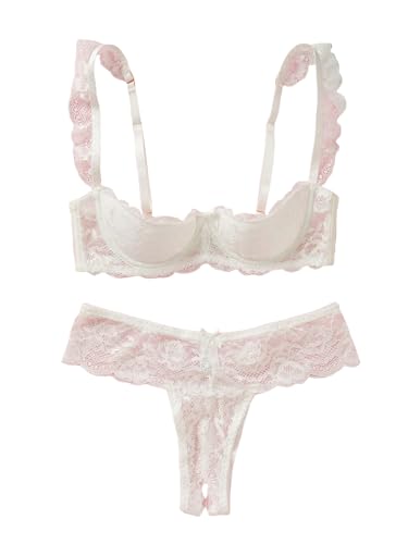 SweatyRocks Women's Lingerie Set Floral Lace Ruffle Shoulder Bra and Panty Underwear Sets White Medium