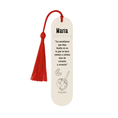 Marcapáginas de acero inoxidable personalizable por ambas caras con nombres de alumnos y dedicatoria para profesores, regalo artesanal hecho en España con pompón (Mundo)