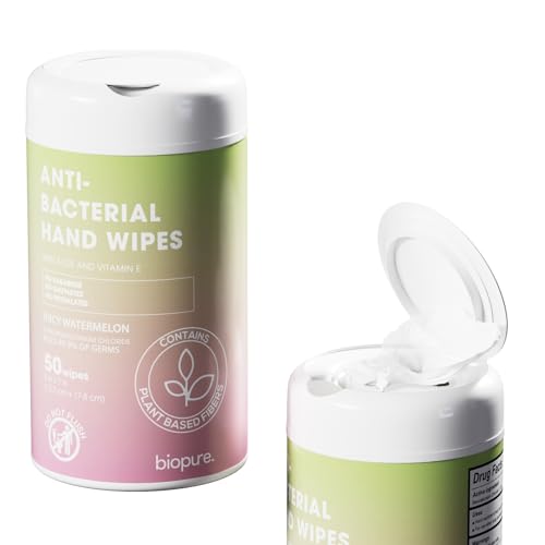 BIOPURE Antibacterial Hand Wipes Juicy Watermelon Scented | Antibacterial Wipes with Aloe and Vitamin E | 5x7 Wet Wipes Canister | No Parabens Sulfates or Phthalates Kills 99% of Germs 50 Ct