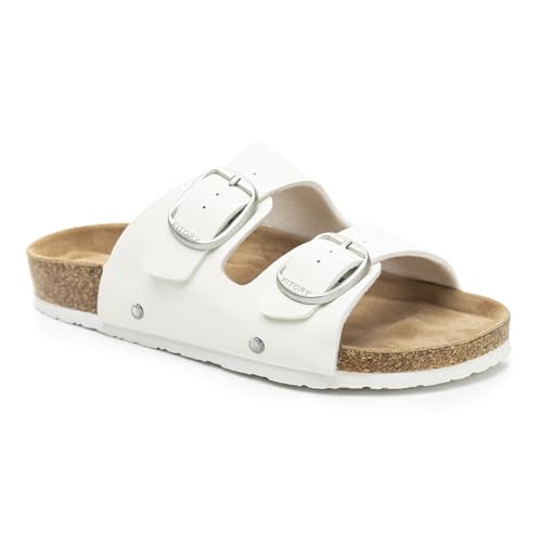 Image of FITORY Womens Flat Sandals with Cork Footbed, Open Toe Arch Support Slides Adjustable Slip On Slippers for Summer 2026 Size 6-11
