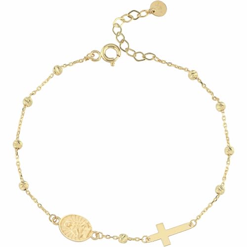 Image of MIONZA Catholic Medal Cross Bracelet for Women | 14K Gold Plated or Solid Gold, Religious Rosary Jewelry, Choose Your Saint Medal Bracelet