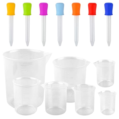 Measuring Cups with Droppers 7 Sets, Measuring Beakers Heat Resistant Cooking Baking Measuring Jugs, Plastic Jug Beakers Labs Graduated Beaker Mixing Measuring Cups Liquid Baking Cooking Measure Tool