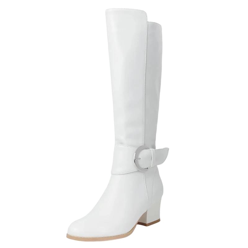 Womens Round Toe Knee High Riding Boots Side Zipper Closure Low Block Heels Buckle Vintage Boots