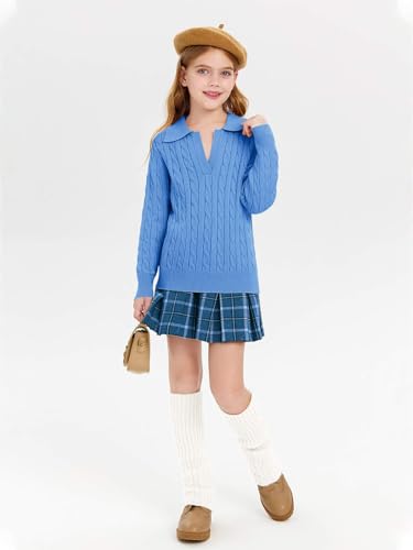Image of Girls Sweaters Kids Fashion Cable Knit Collared V Neck Pullover Sweater Tops 5-14 Years