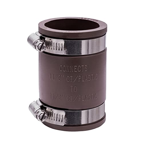 Fernco 1056-150 1-1/2-in. Flexible PVC Pipe Coupling for Cast Iron and Plastic Plumbing Connections in Brown