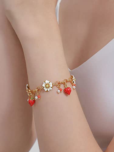 Fruit Strawberry And White Flower Enamel Charm Bracelet Jewelry Gift2