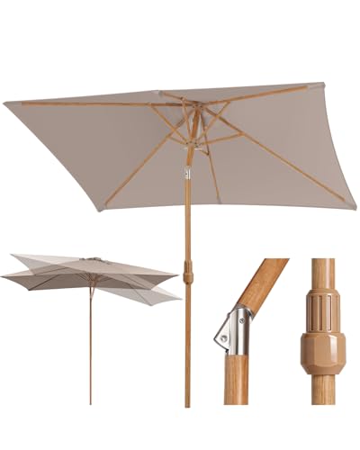 Sekey Sonnenschirm Rechteckig 200x150 cm Holzoptik 180g/m Polyester UV50+ Sonnenschirm Balkon mit Eisenmast 38mm & 6 Stahlstreben Kurbel-Seilzug für Garten Balkon Terrasse