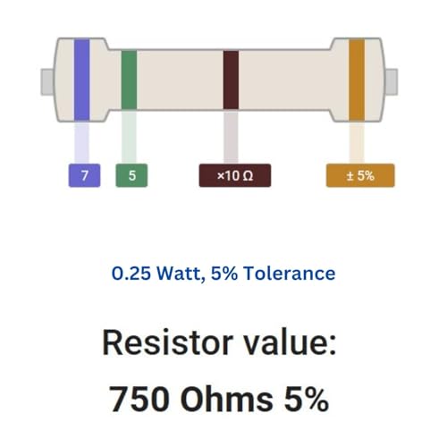 Image of 750 Ohm Resistor 1 /4W 5% Tolerance, Pack of 100 (750 Ohm)