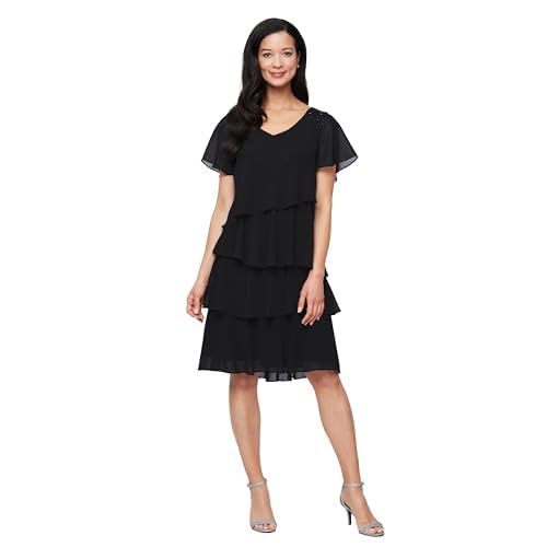 Image of S.L. Fashions Women's V-Neck Chiffon Cocktail Dress with Beaded Shoulders and Asymmetrical Tiers (Petite and Regular Sizes)