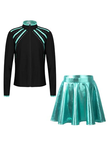 Yeahdor Girls Figure Skating Outfit Long Sleeve Shiny Ice Skating Jacket with A-Line Skirt Dancing Performance Costume Blue Green 16 Years
