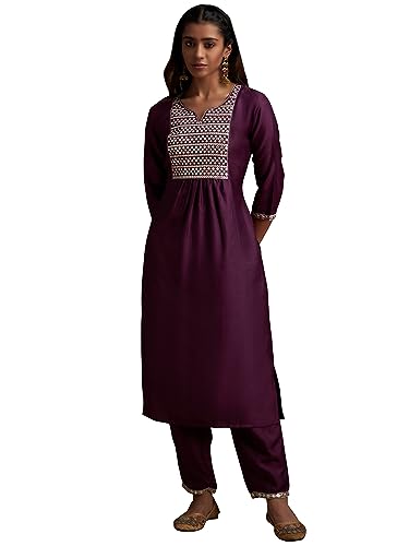 Image of INDO ERA Women's Purple Yoke Design Polyester Kurta & Pant With Dupatta Set