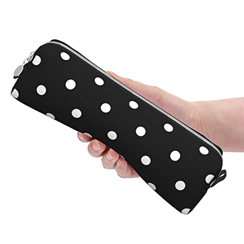 Image of Leather Pencil Case - Polka Dot Black and White Simple Pattern, Stationery Bag Pen Organizer Makeup Cosmetic Holder Pouch for School Work Office College
