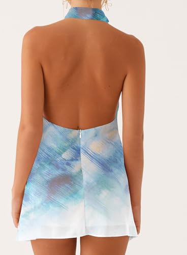 Image of Women Halter Low Neck Mini Dress Sexy Cutout Sleeveless Boho Short Dresses Open Back Night Party Going Out Sundress