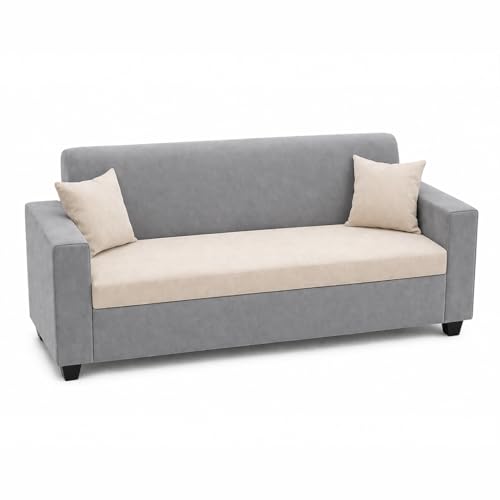 Image of FURNY QualityWood 3 Seater + 1 Seater + 1 Seater Fabric Sofa Set (Cream-Light Grey) with Velvet Finish | Durable Comfort | Ideal for Living Room