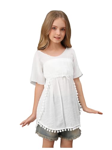 Image of SOLY HUX Girl's Short Sleeve Swimsuit Coverups Fringe Trim Swim Cover Up Beach Dress Beachwear
