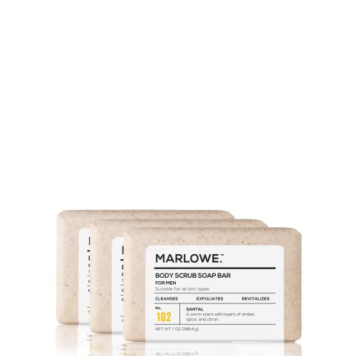 MARLOWE-No-102-Mens-Body-Scrub-Soap-7-oz-3-Bars-Warm-Santal-Scent-Best-Exfoliating-Bar-for-Men-Made-with-Natural-Ingredients-Apricot-Seed-Powder-Shea-Butter-Olive-Oil-Green-Tea-Extracts MARLOWE No 102 Mens Body Scrub Soap 7 oz 3 Bars Warm Santal Scent Best Exfoliating Bar for Men Made with Natural Ingredients Apricot Seed Powder Shea Butter Olive Oil Green Tea Extracts
