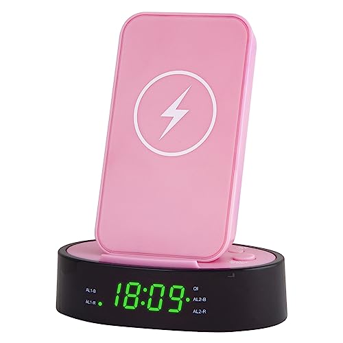 HANNLOMAX HX-203Wi PLL FM Radio Alarm Clock with Wireless Charger and 2.4A USB Port for Charging, Aux-in (Pink)