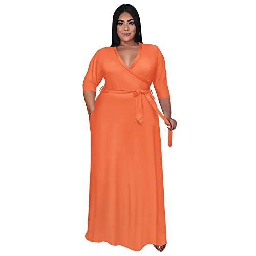 Image of Nmoder Plus Size Maxi Dress for Women - Summer Casual 3 /4 Sleeve Floral Flowy Long Dress with Belt XL- 6XL