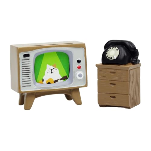 RAQWI Cute Mini TV and Telephone Cabinet Figurine for Living Room,Shelf Decor Cute Design Perfect Cute Cat Gift for Cat Lovers