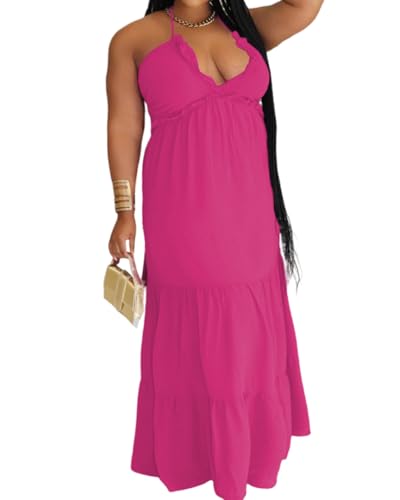 Image of TOPSRANI Womens Sleeveless Maxi Dress Halter Casual Backless Smocked Tiered Ruffle Flowy Sexy Slip Sling Strap Dresses