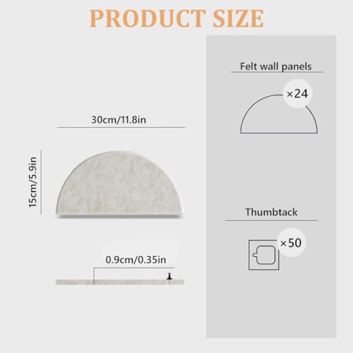 Image of Climberty 24Pcs Self-Adhesive Felt Bulletin Boards with 50 Push Pins, Semi-Circular Acoustic Wall Panels for Notice, Message & Home Office Decor (Light Camel-Khaki)