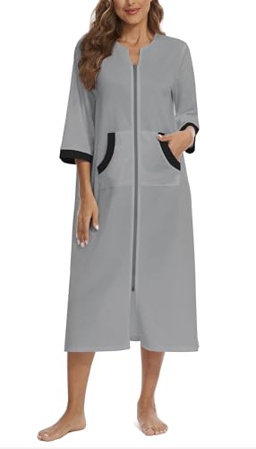 Zipper Robes for Women 3/4 Sleeve Housecoats Long Lightweight Bathrobe House Dress with Pockets4
