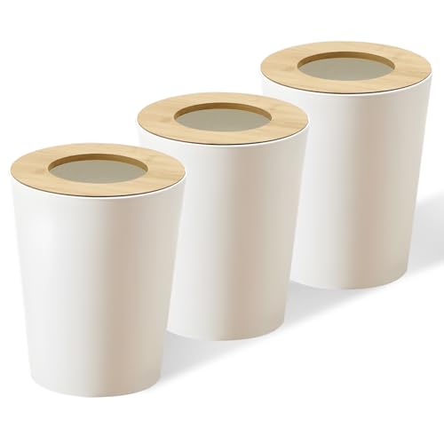 Image of White Trash Can for Bedroom with Bamboo Lid, 2.4 Gallon Open Top Trash Can 3 Pack, Modern Aesthetic Garbage Can for Room Office Living Room, Small Bathroom Trash Bin Boho Style