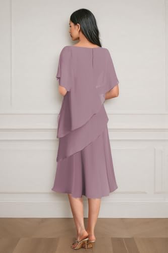 Tea Length Mother of The Bride Dresses for Women Wedding Short Sleeves Ruffle Chiffon Formal Evening Dress JH0182