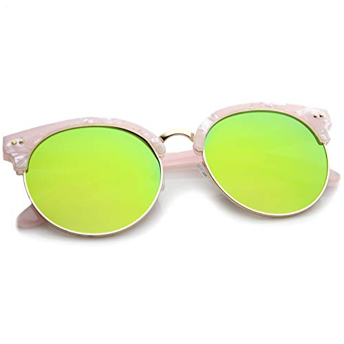 zeroUV Womens Half-Frame Marble Finish Moon Cut Color Mirrored Lens Round Sunglasses4