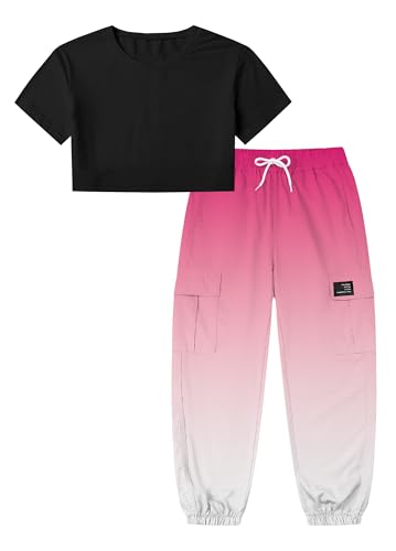 Image of Betusline Girls 2 Piece Set, Black Cute Short Sleeve Crop Tops + Rose Pink Gradient Cargo Jogger Pants Clothes, 4-5T = Tag 120