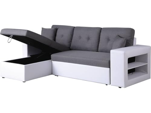 Habitat et Jardin - Canapé d'angle Convertible et Réversible Axel 3 Places Blanc et Gris - Canapé Lit Design Moderne en Tissu Lin - Espace de Stockage (Méridienne) +...
