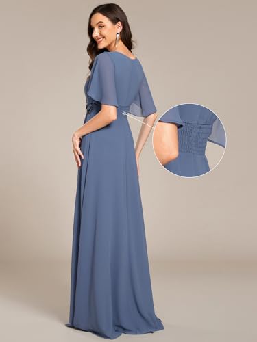 Image of Ever-Pretty Women's Classic Round Neck Pleated Short Sleeves Chiffon Appliques Floor Length A Line Formal Evening Dresses