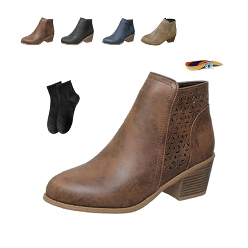 Botines de tobillo de cuero ortopédicos para mujer con tacón medio grueso sin cordones, para otoño e invierno, tacón bajo, punta puntiaguda, soporte del arco, botines cortos con cremallera lateral