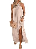 FARORO Women Dress Lace Halter Gown Casual Split Long Maxi Tank Dresses Bohemian Sleeveless Crochet Sundress Apricot
