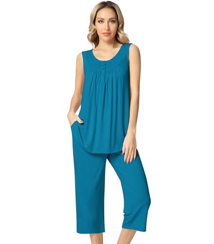 Image of NACHILA Pajamas for Women-Viscose Made from Bamboo, Sleeveless Pjs Top and Capri Pants Pajama Set Cool Pleated Sleepwear