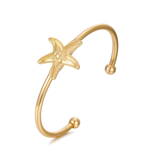 Gold Starfish Cuff Bracelets for Women Sea Star Shell Bangle Summer Beach Bracelet Adjustable Dainty Bangle Bracelet